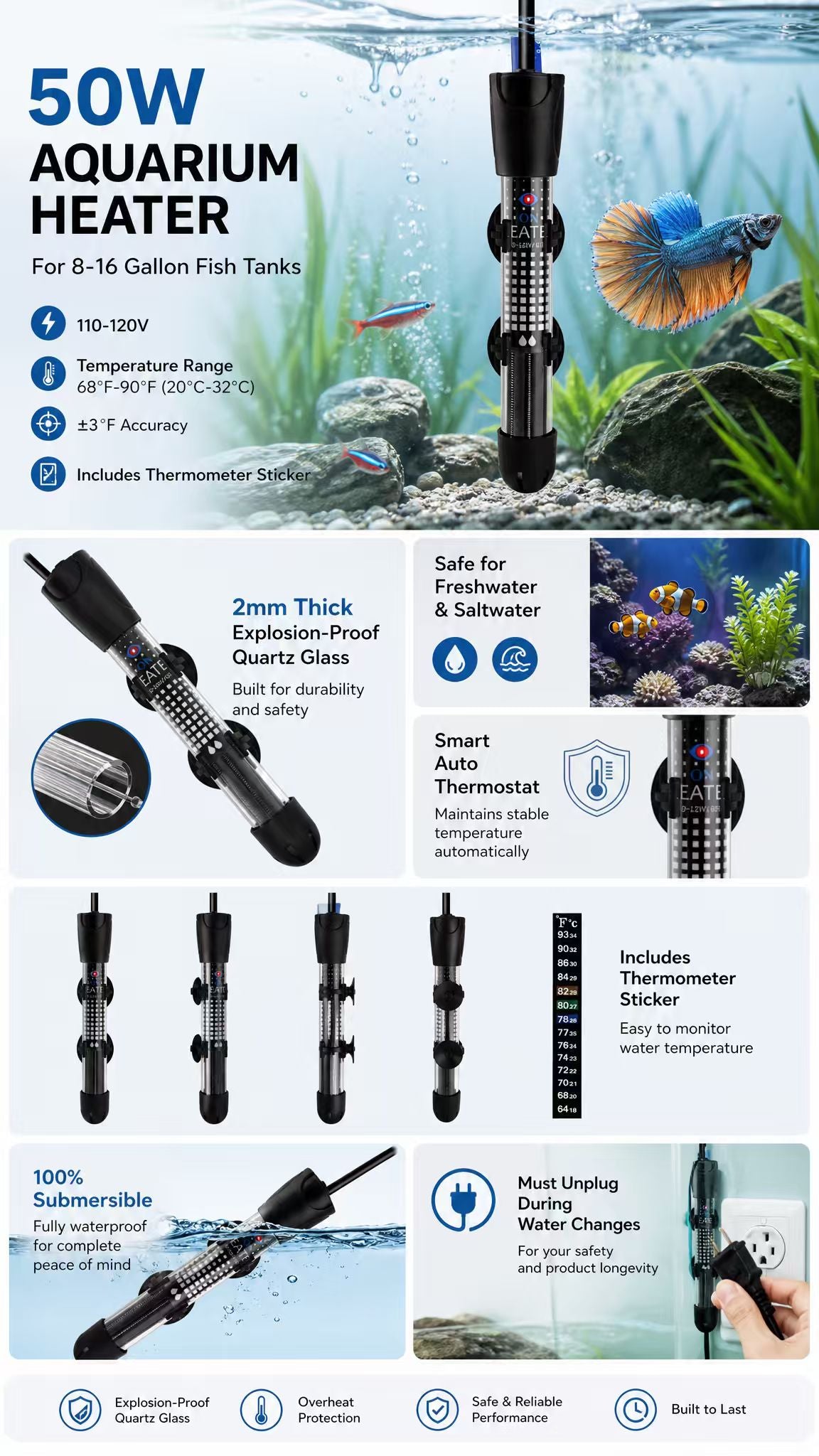 DOMICA 50W Adjustable Aquarium Heater Submersible Water Heater for Small Fish Tank (8-16 gallons) with Free Thermometer Sticker