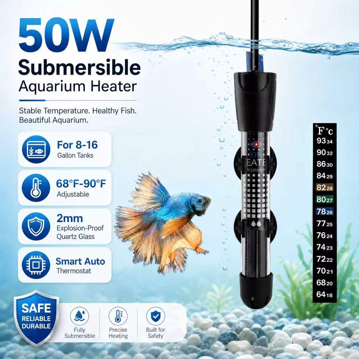 DOMICA 50W Adjustable Aquarium Heater Submersible Water Heater for Small Fish Tank (8-16 gallons) with Free Thermometer Sticker