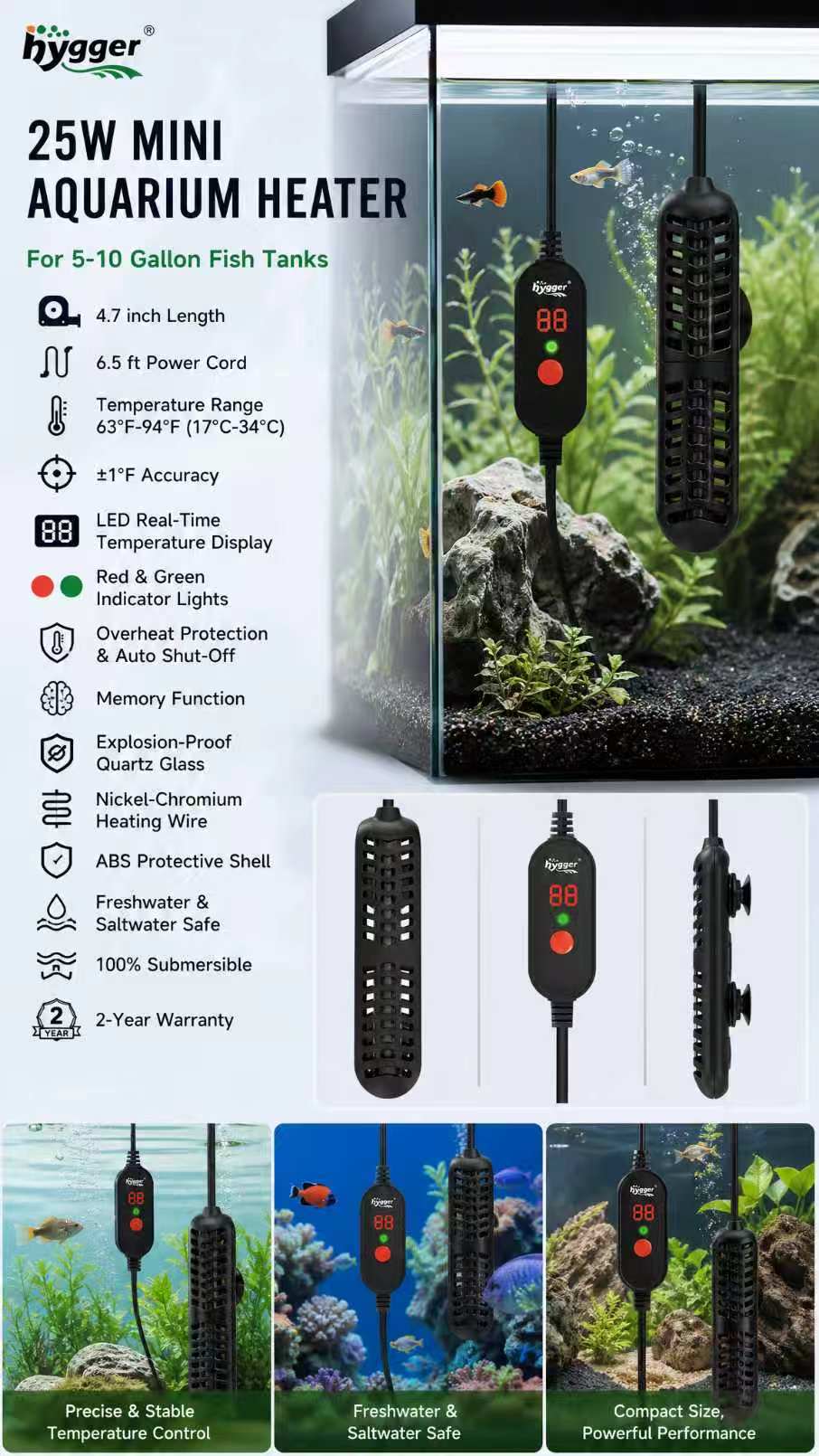 hygger 25W Small Aquarium Heater Betta Fish Tank Heater with Adjustable Temperature External Controller and Over-Temperature Protection for 5-10 Gallons Freshwater & Saltwater Fish Tank Turtle Tank