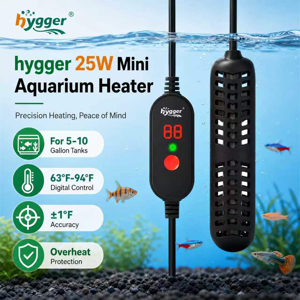 hygger 25W Small Aquarium Heater Betta Fish Tank Heater with Adjustable Temperature External Controller and Over-Temperature Protection for 5-10 Gallons Freshwater & Saltwater Fish Tank Turtle Tank