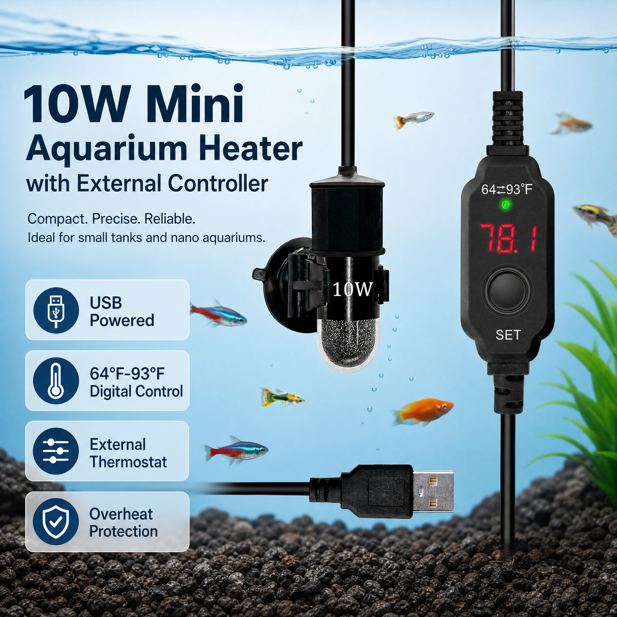 auomii Mini Submersible Aquarium Heater 25/50/100/150/200/300 Watts Adjustable Fish Tank Heater Built-in Thermometer External Temperature Controller Smart Memory (10 Watts(USB))