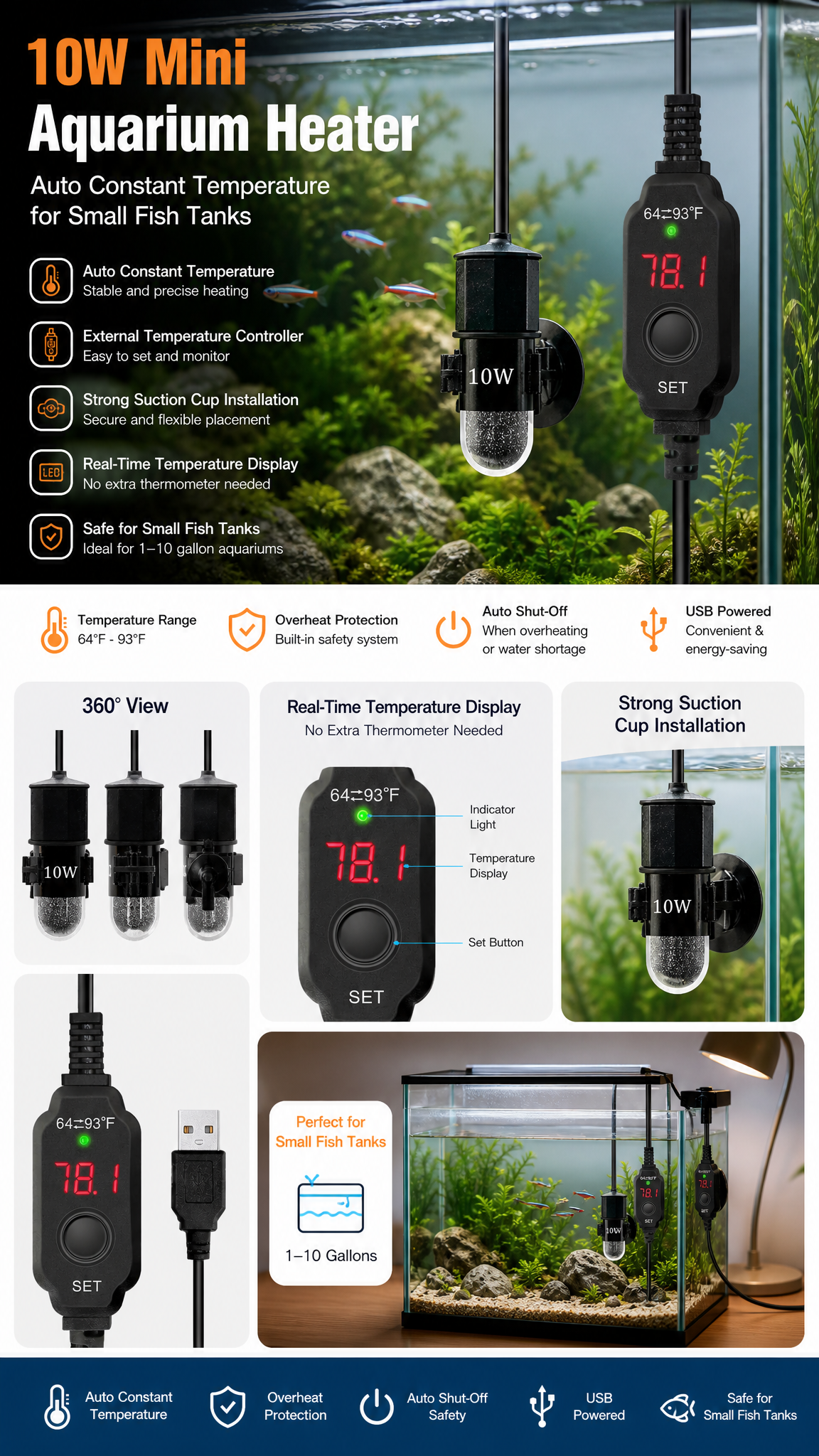 auomii Mini Submersible Aquarium Heater 25/50/100/150/200/300 Watts Adjustable Fish Tank Heater Built-in Thermometer External Temperature Controller Smart Memory (10 Watts(USB))
