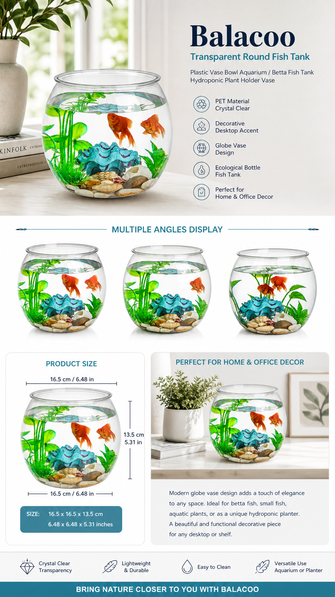 Balacoo Clear Round Betta Fish Bowl & Plant Vase