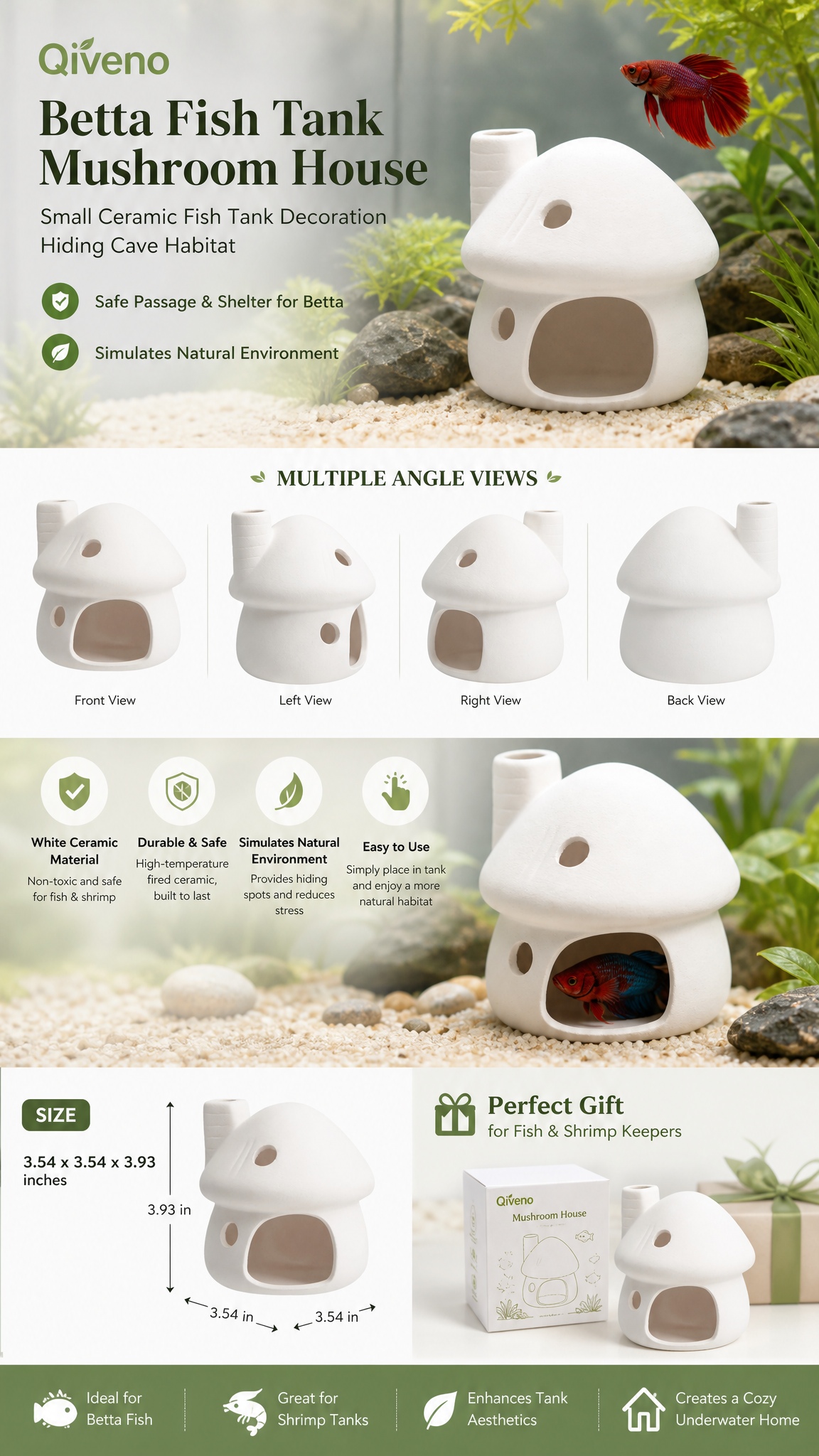 Qiveno Mushroom Pottery Betta Fish Hideout House (White)