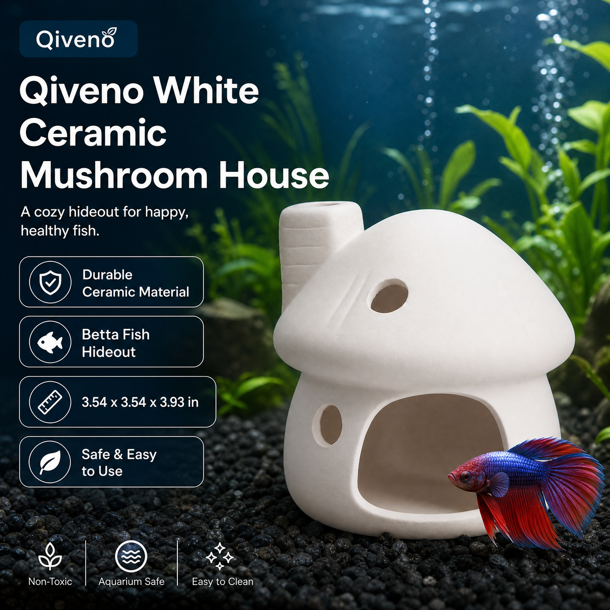Qiveno Mushroom Pottery Betta Fish Hideout House (White)