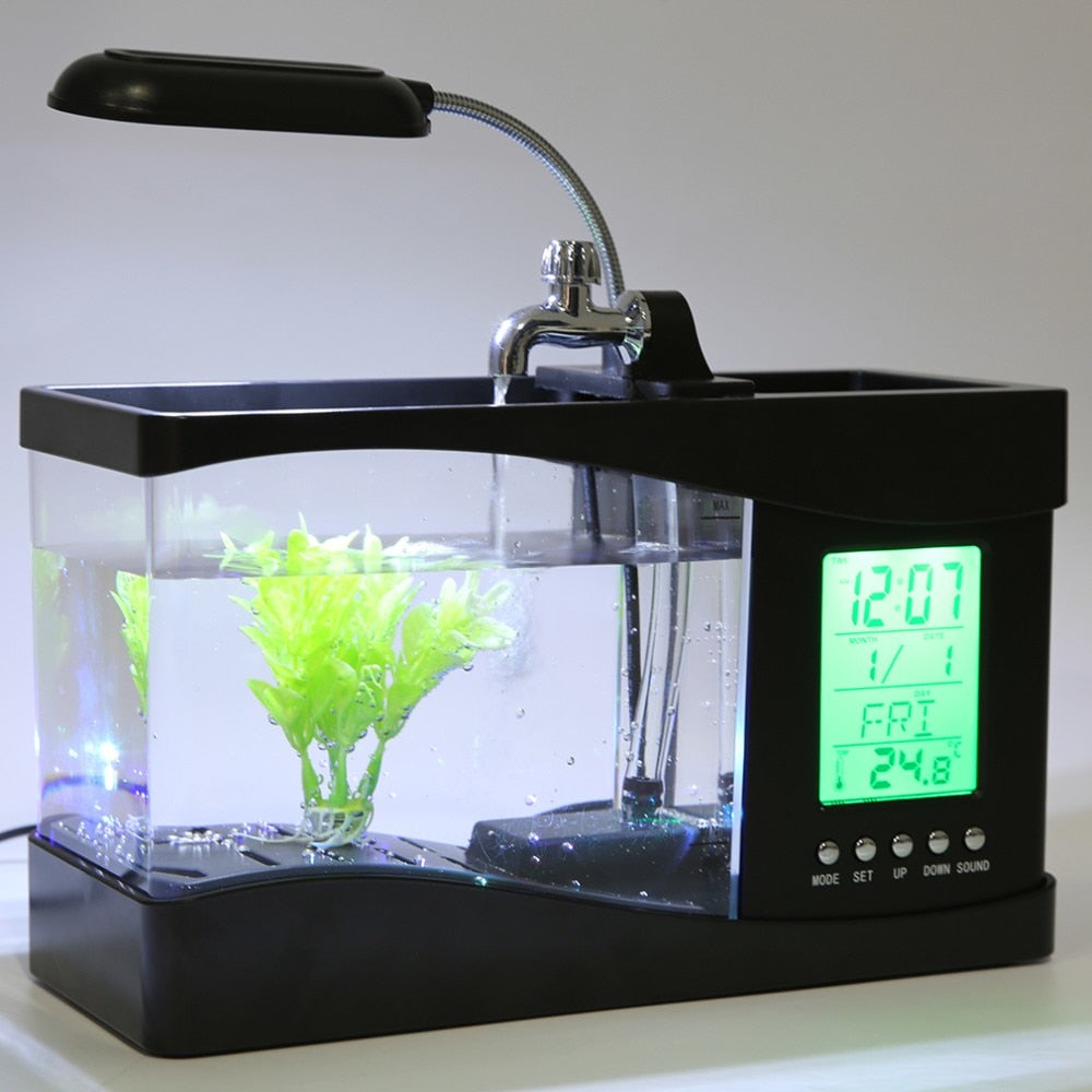 Mini Fish Tank Calendar Clock with USB LED Flow Light